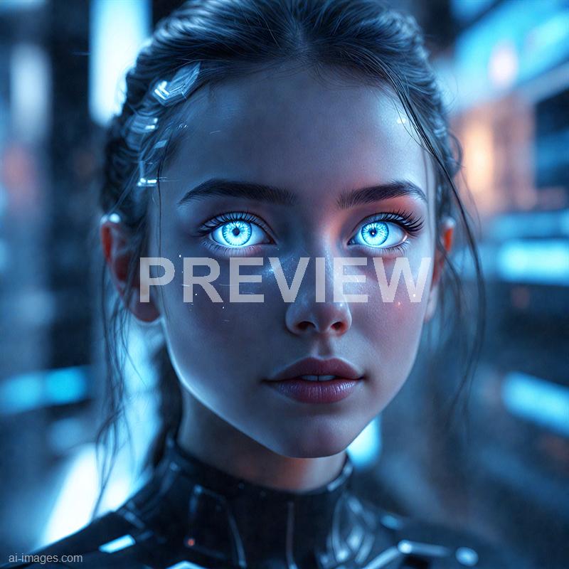 A close-up of a young woman with strikingly bright blue eyes that seem to glow, set against a futuristic, possibly cyberpunk-inspired background. Her skin is smooth and slightly reflective, with a few small lights or digital elements adding to the high-tech aesthetic. Her dark hair is styled with metallic clips, and she has a focused, intense expression, suggesting a scene from a sci-fi or digital universe.